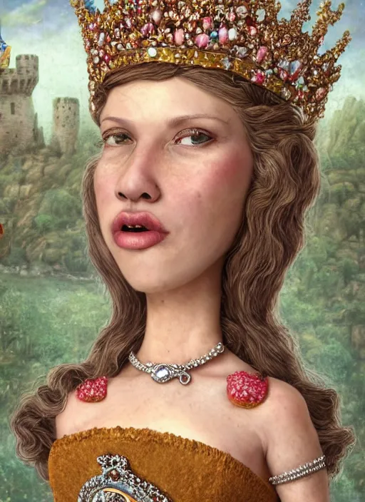 Prompt: cartoon closeup medieval robert crumb face portrait of a fairytale princess wearing a crown eating cakes in the castle, bikini, depth of field, zeiss lens, detailed and intricate environment, fashion photoshoot by nicoletta ceccoli, mark ryden, lostfish, breathtaking, 8 k resolution, extremely detailed, beautiful, establishing shot, artistic, hyperrealistic, octane render