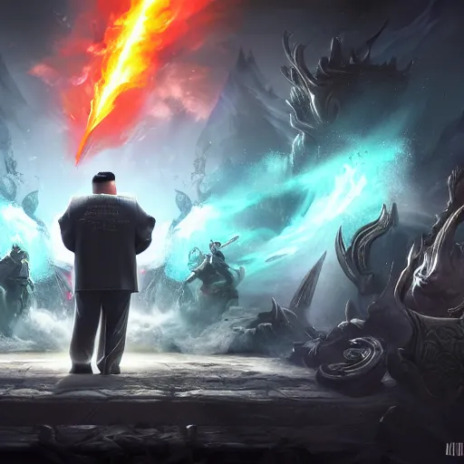 Image similar to portrait of kim - jong un as a spellcaster, league of legends amazing splashscreen artwork, gears of war, propaganda, sovjet, splash art, natural light, elegant, photorealistic facial features, intricate, fantasy, detailed face, atmospheric lighting, anamorphic lens flare, cinematic lighting, league of legends splash art, hd wallpaper, ultra high details by greg rutkowski