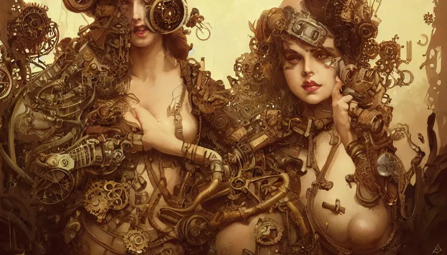 Image similar to steampunk, masterpiece, pinup, mcfarlane, fibonacci, sweat drops, insane, horror, intricate, highly detailed, digital painting, artstation, concept art, smooth, sharp focus, illustration, unreal engine 5, 8 k, art by artgerm and greg rutkowski and alphonse mucha