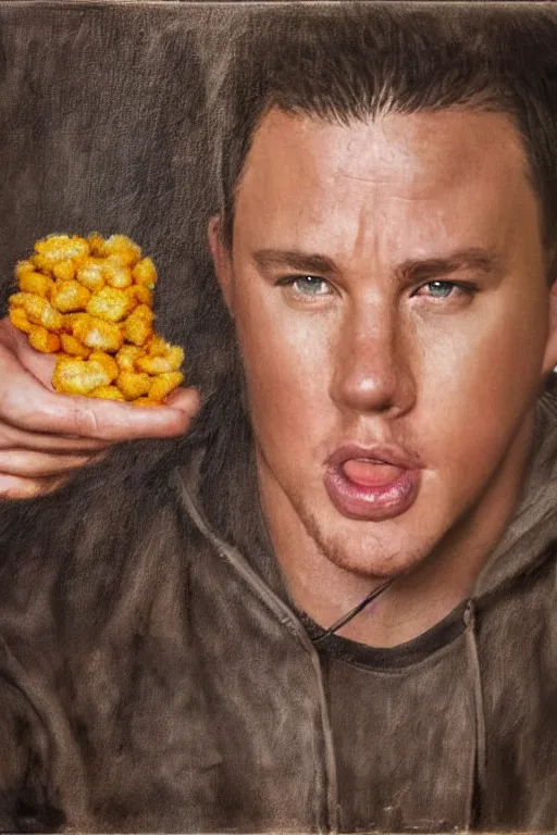 Image similar to channing tatum in a tater tot costume, oil on canvas, intricate, portrait, 8 k highly professionally detailed, hdr, cgsociety