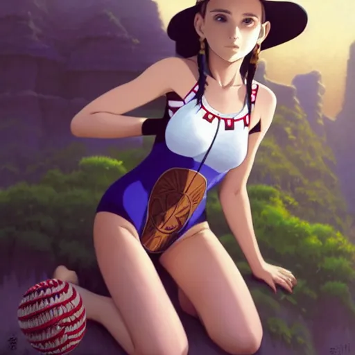 Image similar to beautiful boyish natalie portman alluring gravure model in majora's mask, wearing wooden mask and baseball cap and leotard, street wear with subtle mayan patterns, aztec bathing suit, gapmoe yandere grimdark, trending on pixiv fanbox, painted by greg rutkowski makoto shinkai takashi takeuchi studio ghibli, akihiko yoshida