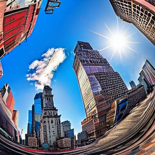 Image similar to sole of a boot about to step down, worms view, looking up, times square, sun spot, fisheye, hyperrealistic