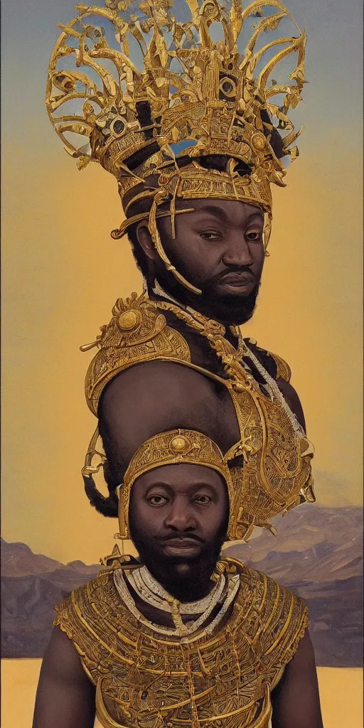 Prompt: a stunning and noble highly detailed romantic period style portrait of Mansa Musa by Josep Tapiró Baró, trending on artstation, oil painting masterpiece, symmetry, mysterious, very very very aesyhetic, African iconography