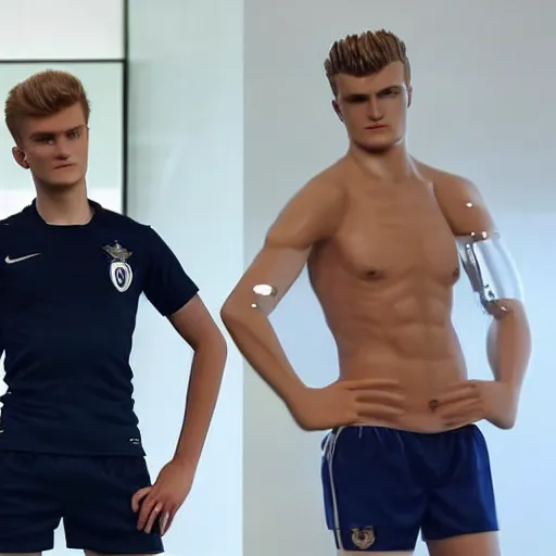 Image similar to a realistic detailed photo of a guy who is an attractive humanoid who is half robot and half humanoid, who is a male android, soccer players martin ødegaard & timo werner, shiny skin, posing like a statue, blank stare, in a factory, on display, showing off his muscles, gold soccer shorts, side view, looking at each other mindlessly