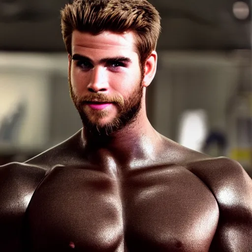 Image similar to a realistic detailed photo of a guy who is an attractive humanoid who is half robot and half humanoid, who is a male android, actor liam hemsworth, shiny skin, posing like a statue, blank stare, in a factory, on display, showing off his muscles