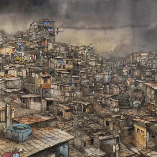 Image similar to favela slums, scifi, a detailed matte painting by anton pieck, deviantart contest winner, concept art, official art, matte drawing