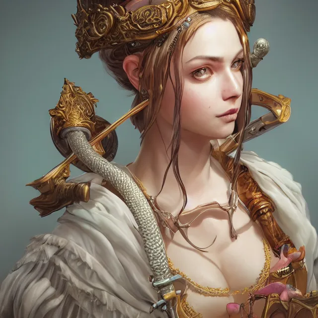 Image similar to studio portrait of neutral good colorful female cleric bard healer as absurdly beautiful, elegant, young sensual pretty woman, ultrafine hyperrealistic detailed face illustration by kim jung gi, irakli nadar, intricate linework, sharp focus, bright colors, matte, octopath traveler, final fantasy, unreal engine highly rendered, global illumination, radiant light, intricate environment