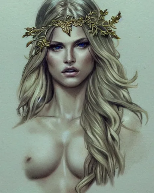 Image similar to tattoo design sketch of hot blonde super model as aphrodite greek goddess wearing a gold laurel wreath and triangle earrings, beautiful piercing gaze with sharp pupils, in the style of greg rutkowski, fantasy, amazing detail, epic, elegant, smooth, sharp focus, front view