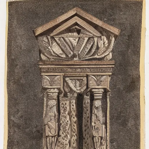 Prompt: an ethnographic object from an unknown tribe, in the style of corinthian capital by giocondo albertolli ( italian 1 7 4 2 - 1 8 3 9 ). medium : pen and brown ink, brush and gray wash on laid paper