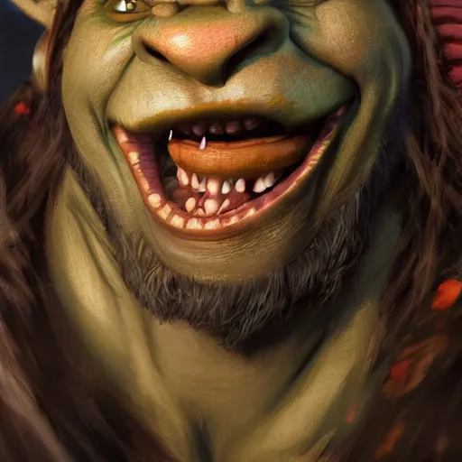 Image similar to An orc smiling into the camera, portrait, artstation, realistic, highly detailed, bokeh, by Alex Flores, by Laurel D Austin, by Dave Rapoza