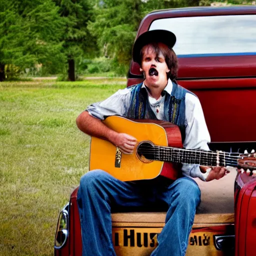 Prompt: A folkpunk brown hound dog playing the guitar in front of a pickup truck
