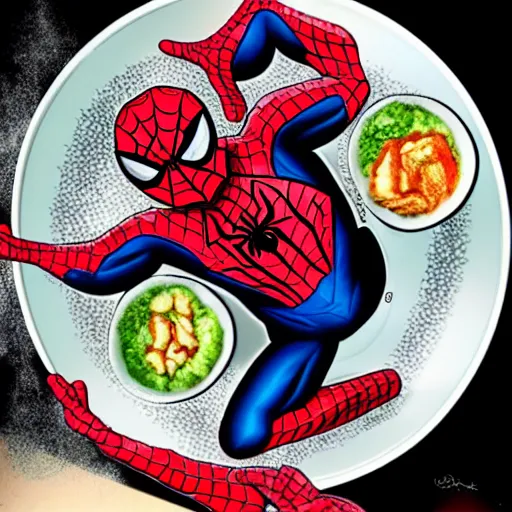 Prompt: spiderman as god eating little people in the shape of sushi, hyperdetailed, hyperrealistic, faded colors