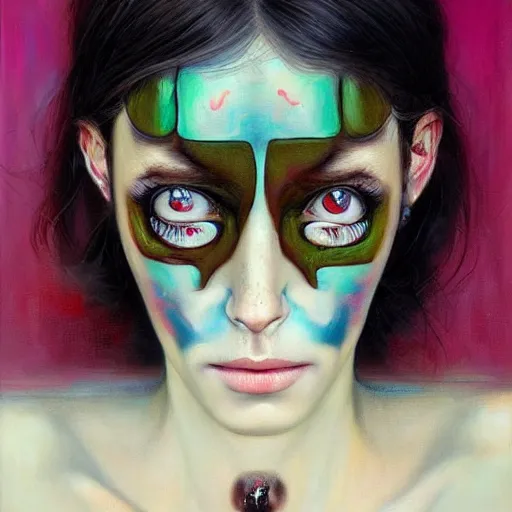 Image similar to her eyes reflect the source code of my soul, oil on canvas portrait by james jean and esao andrews