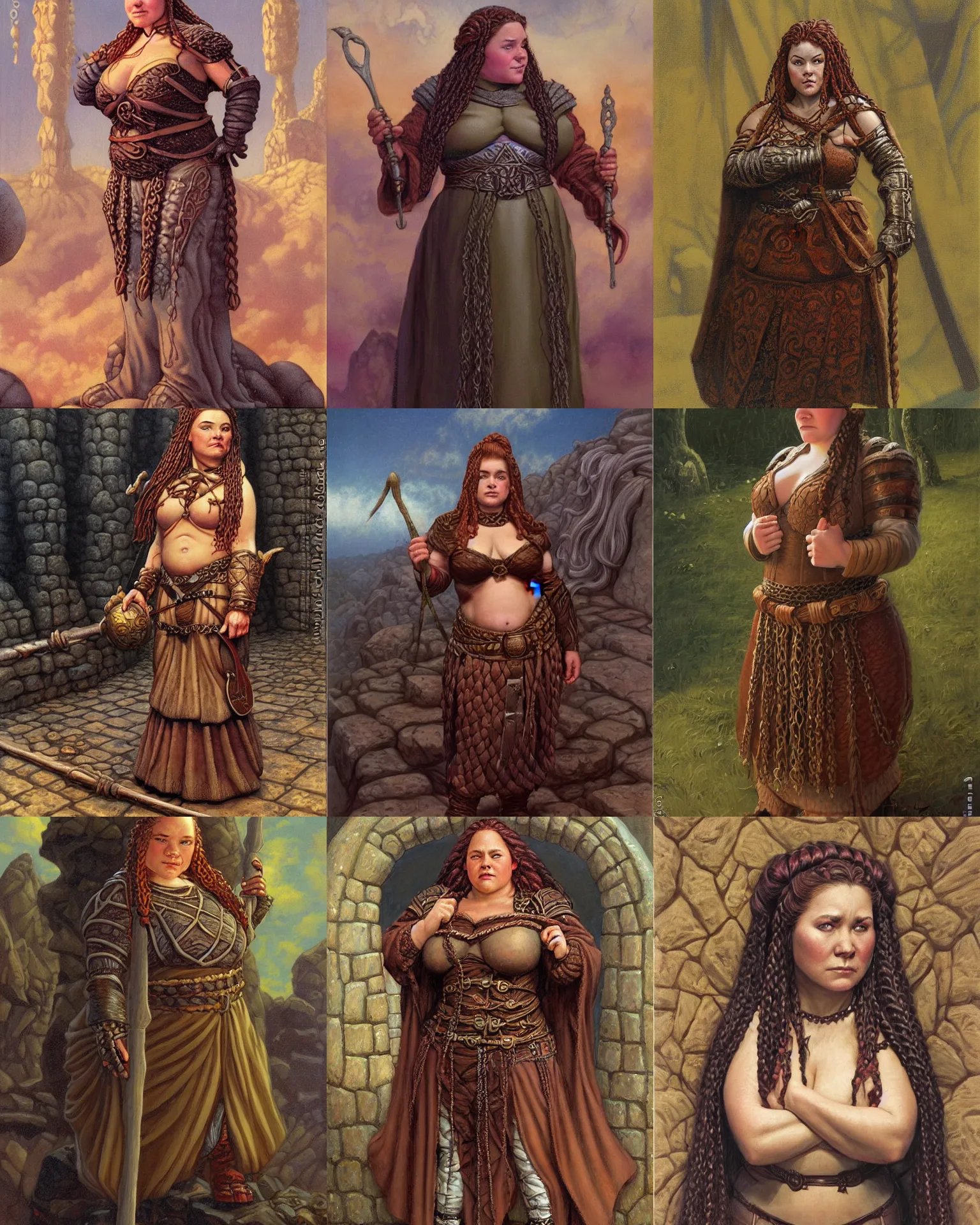 Prompt: female dwarven noblewoman, chubby short stature, braided intricate hair, by gerald brom