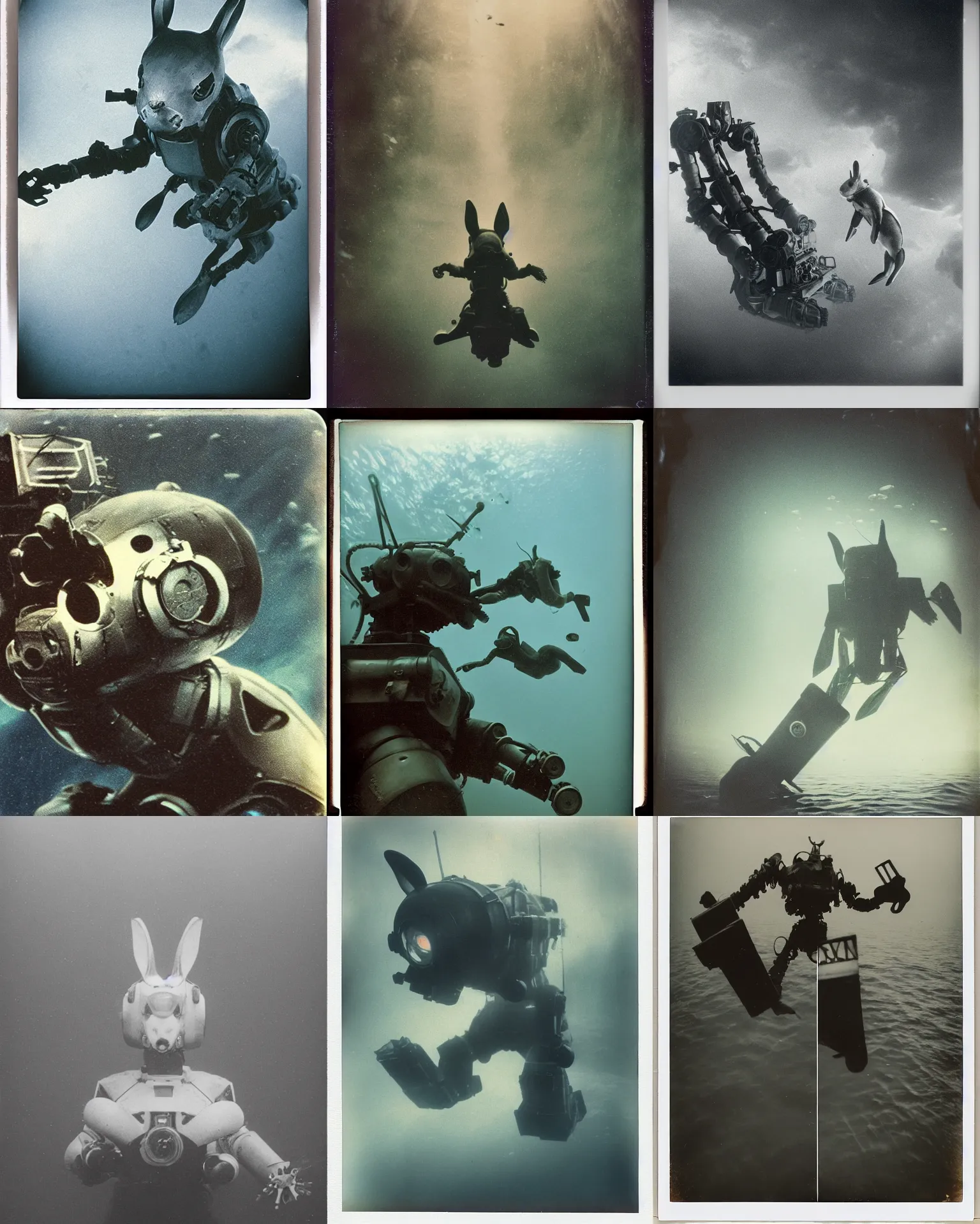 Prompt: deep underwater giant oversized battle rabbit robot mech with oversized ears as giant underwater mech rabbit on titanic wreck underwater. smal tiny human diver, on side Cinematic focus, sharp Polaroid photo, vintage, neutral colors, soft lights, by Serov Valentin, by lisa yuskavage, by Andrei Tarkovsky