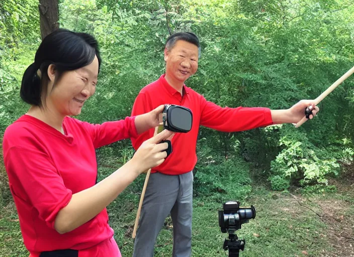 Image similar to xi jingping holding a gopro on a stick filming winnie the pooh