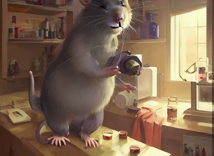 Image similar to portrait of a cute pet rat dressed as an english professor, standing in a chemistry lab, digital art, artstation, fantasy, cinematic, fine details by realistic shaded lighting poster by ilya kuvshinov katsuhiro otomo, magali villeneuve, artgerm, jeremy lipkin and michael garmash and rob rey