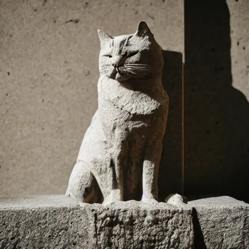 Image similar to close - up museum photo of an ancient limestone statue of a cat in a hoodie, greece, rome, studio lighting, professional, promo,