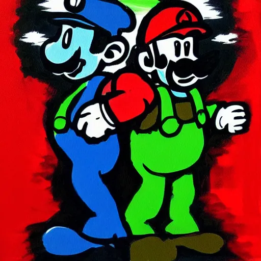 Image similar to a painting of mario and luigi in the style of stanley donwood