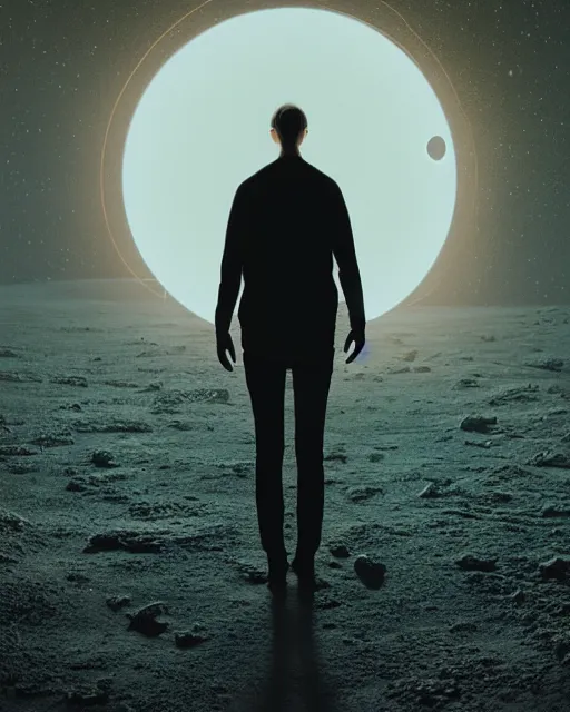 Image similar to a person standing in front of a glowy open door that's on a barren moon, poster art by mike winkelmann, trending on cg society, space art, sci - fi, ue 5, futuristic, volumetric lighting, light casting onto the ground, neat composition and camera angle