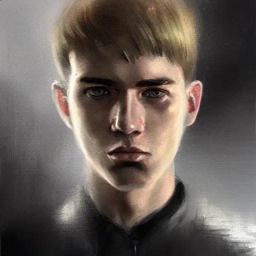 Image similar to Portrait of a man by Greg Rutkowski, he is about 20 years old, west slav features, short blonde hair with bangs, attractive, smart looking, slim, somewhat androgenic, he is wearing a white and black utilitarian jumpsuit, highly detailed portrait, scifi, digital painting, artstation, concept art, smooth, sharp foccus ilustration, Artstation HQ