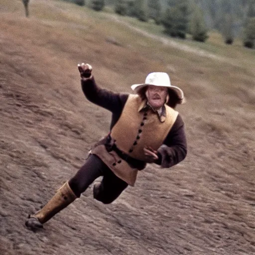 Prompt: Buffalo bill running uphill