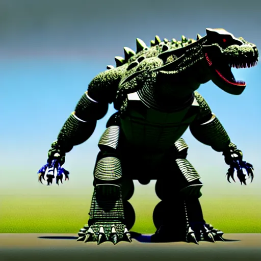 Image similar to an illustration of the full body of a mecha godzilla, photorealistic, 3 d, unreal engine