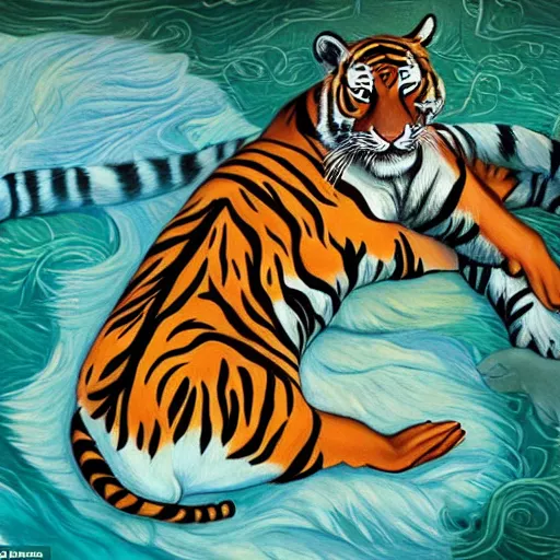 Image similar to Tiger pouncing on a woman lying on a bed of fish, surrealism, abstract, hyper realistic, intricate details, soft lighting