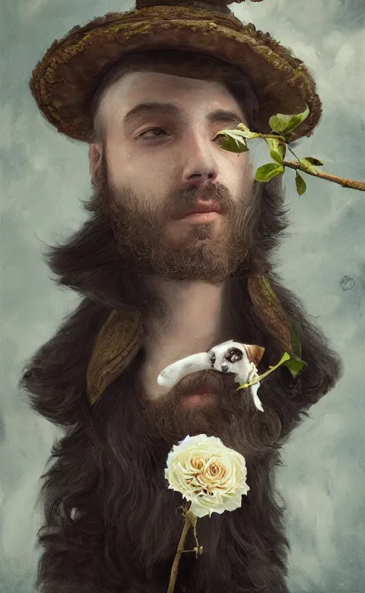 Prompt: a painting of a young bearded man holding a white rose and a stick, jester hat, small dog, a surrealist painting by marco mazzoni, cgsociety, neo - figurative, detailed painting, rococo, oil on canvas, seapunk, lovecraftian