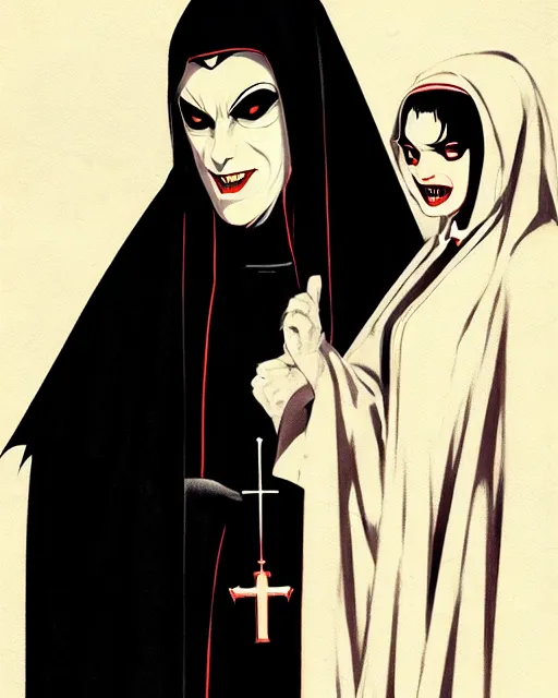 Prompt: one scary female vampire nun, evil grin, nun outfit, closeup, portrait size, cinematic, powerful, super detailed and intricate, by koson ohara, by darwyn cooke, by greg rutkowski, by satoshi kon