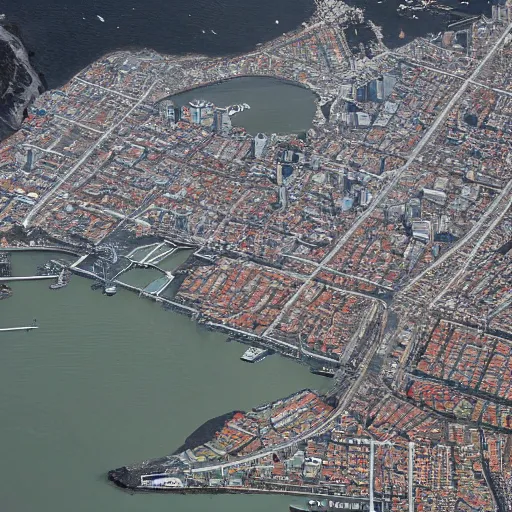 Image similar to color aerial view of San Francisco in 2035, as the sun is setting, and the bay is now filled in with a teeming favela, shanty houses of every different color, recycled materials, electric lines running everywhere, lights coming on in most of the houses, hyperdetailed, ap photo