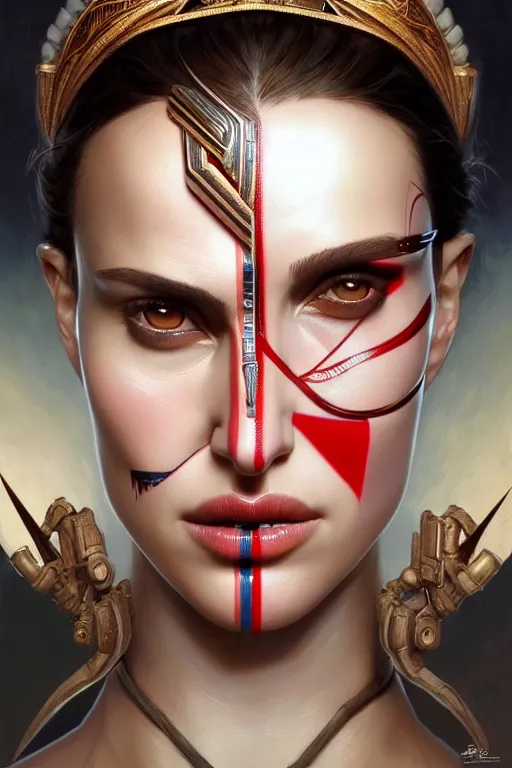 Image similar to symmetry!! portrait of natalie portman in the style of god of war, machine parts embedded into face, intricate, elegant, highly detailed, digital painting, artstation, concept art, smooth, sharp focus, illustration, art by artgerm and greg rutkowski and alphonse mucha, 8 k