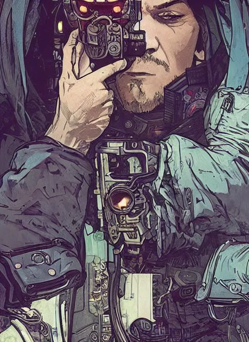 Image similar to cyberpunk pawnshop owner. portrait by ashley wood and alphonse mucha and laurie greasley and josan gonzalez and james gurney. splinter cell, apex legends, rb 6 s, hl 2, d & d, cyberpunk 2 0 7 7. realistic face. character clothing. vivid color. dystopian setting.