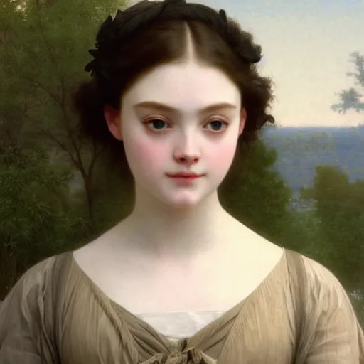 Image similar to A masterpiece head and shoulders portrait of Elle Fanning by William Adolphe Bouguereau and Makoto Shinkai