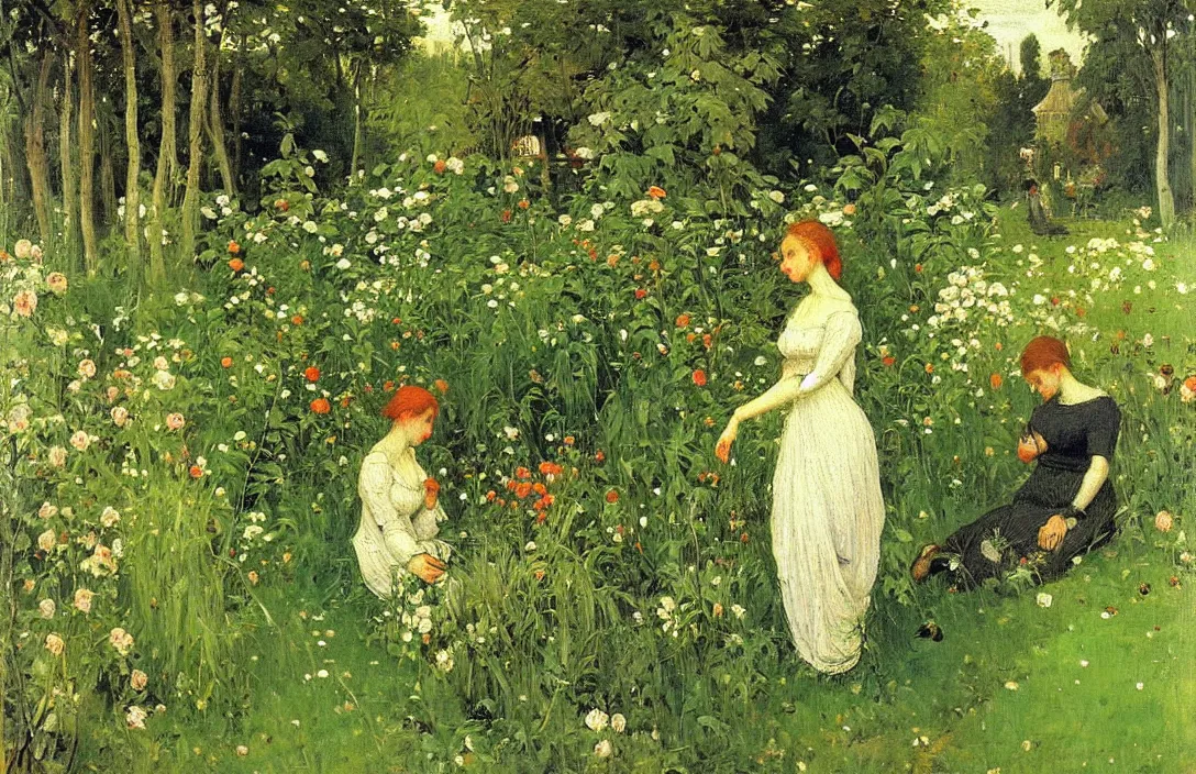 Prompt: garden idyll surviving painting emerging from lush greenery value contrast is used to focus our attention on the subject complexion painting by victor vasnetsov