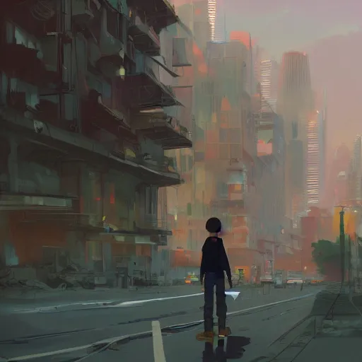 Image similar to teen boy, apocalyptic city the background, apocalypse, digital painting, artstation, highly detailed, by makoto shinkai and thomas kindle and James gilleard