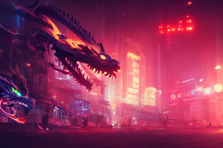Prompt: cinematic shot of a neon chinese dragon, detailed textures, midnight city lights, strong bokeh, dramatic lighting, unreal engine, cgsociety, artstation, 4k