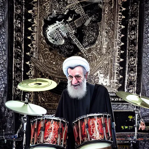 Prompt: khamenei playing drums in heavy metal band in heaven, high definition, trending on artstation, unreal engine, photorealistic, high resolution,, trending on deviantart, hdr, hyper detailed, insane details, intricate, elite, ornate, elegant, luxury, dramatic lighting