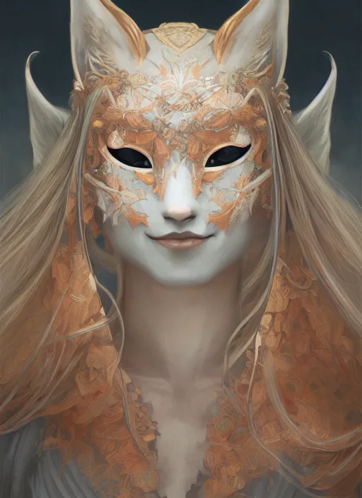 Image similar to a beautiful detailed oil on copper art illustration of a japanese kitsune mask woman, centered, by charlie bowater, zeng fanzh, trending on artstation, dim dusk lighting, cinematic lighting, detailed lighting, volumetric lighting, realistic, f 8, 4 k hd wallpaper