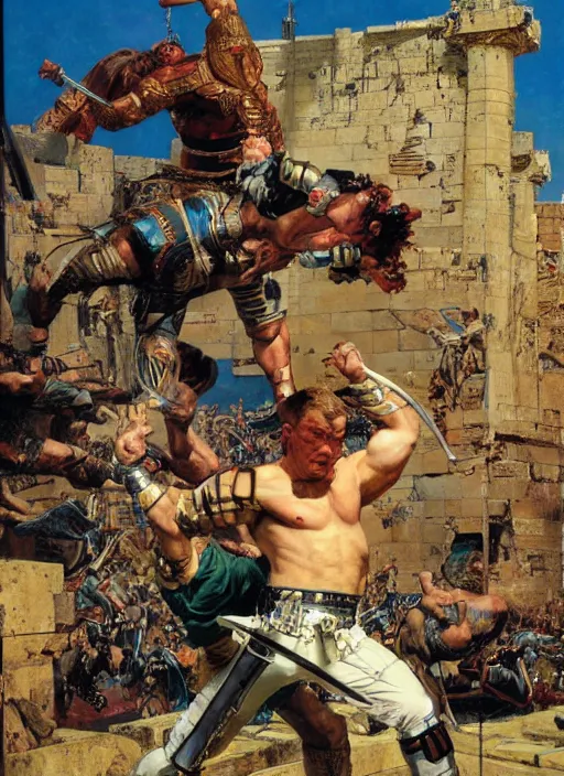 Image similar to jocko willink as huge warrior fighting godlike at the walls of troy, dynamic action science fiction, by john berkey and lawrence alma tadema and rick berry and norman rockwell and jack kirby