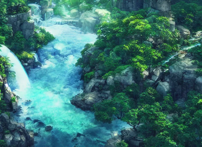 Prompt: an epic makoto shinkai landscape with a waterfall, aerial view, in the style of graffuturism and watercolor, octane render