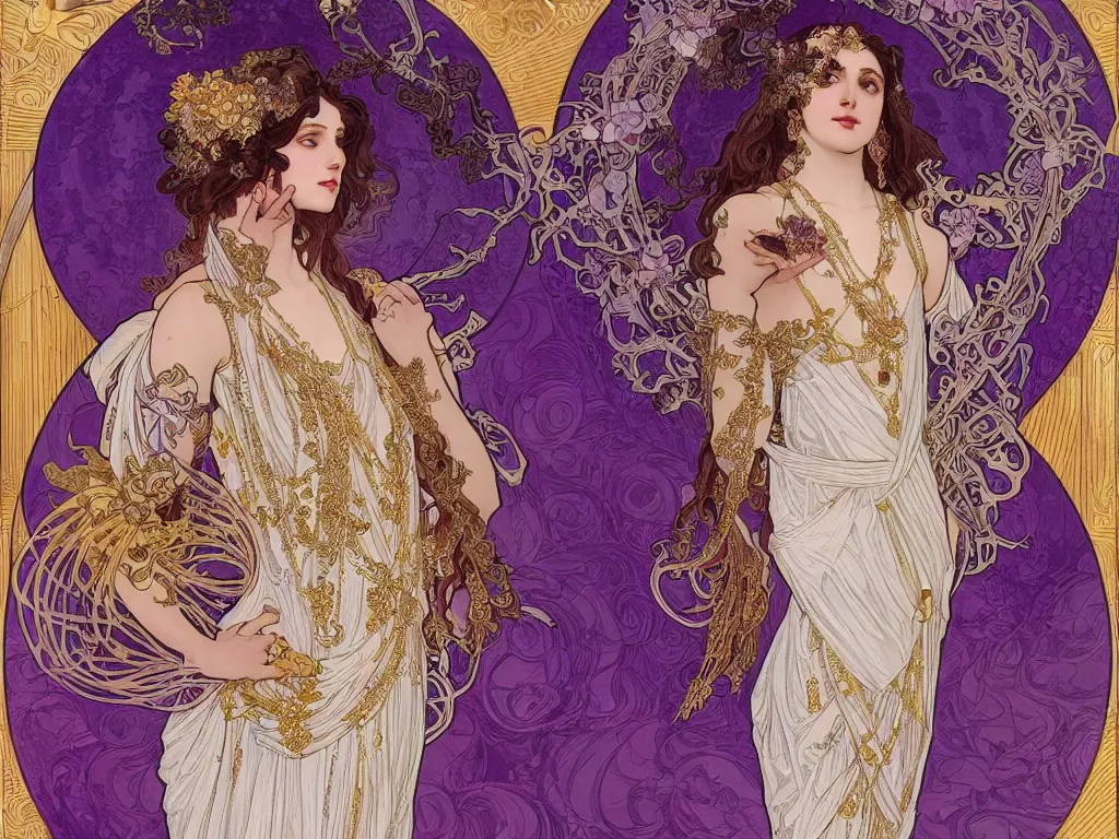 Image similar to thanatos, god of peaceful death, closed eyes, long hair, wearing ornate silk and lace clothes, gold jewelry, moon, purple feathers, by Alphonse Mucha, by artgerm, rule of thirds, super detailed, 8k