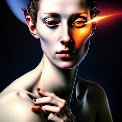 Image similar to Colour Caravaggio style Photography of Beautiful woman with highly detailed 1000 years old face wearing higly detailed sci-fi halo above head designed by Josan Gonzalez. Woman holding cigarette in between fingers , Many details . In style of Josan Gonzalez and Mike Winkelmann andgreg rutkowski and alphonse muchaand Caspar David Friedrich and Stephen Hickman and James Gurney and Hiromasa Ogura. volumetric natural light