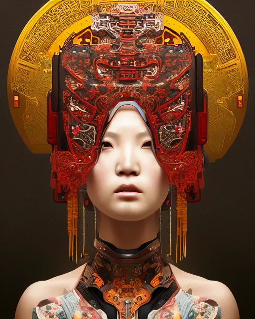 Image similar to portrait of a cyberpunk machine, machine face, upper half portrait, decorated with chinese opera motifs, asian, fine china, wuxia, traditional chinese art, intricate, elegant, highly detailed, symmetry, headpiece, digital painting, artstation concept art smooth sharp focus, illustration, art by artgerm and greg rutkowski alphonse mucha 8 k