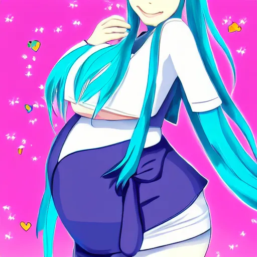 Prompt: cute pregnant hatsune miku with pregnant belly, baby struggling inside womb, kicks are visible on the belly, art in anime style, trending on pixiv