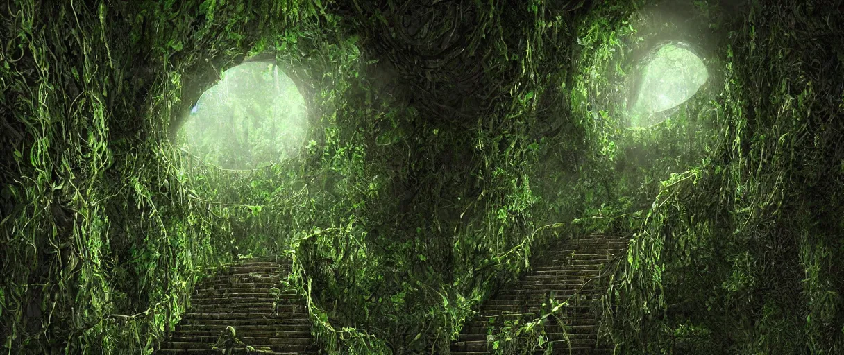 Prompt: a first person perspective shot looking up a stone staircase leading to an ancient stone archway that leads to an aaahh!!! Real monsters dimension covered in vines and emanating glowing yellow green light by James Gurney and beeple | unreal engine