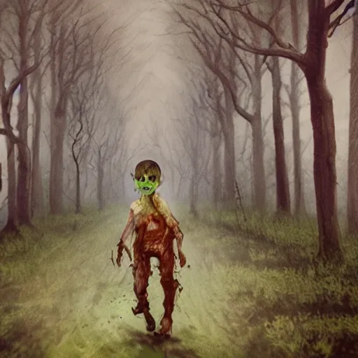 Prompt: really cute zombie with anime eyes walking in a massive walker horde from the walking dead, massive scale zombie horde walking in a medieval forest, dark and moody, high detailed trees, renaissance forest, Impressionism oil painting, with high quality film grain, raining cinematic style, film grain + dust and scratches