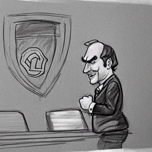 Prompt: a court sketch of saul goodman defending super mario in court, sketch art, court sketch art, saul goodman, mario, very sketchy court sketch