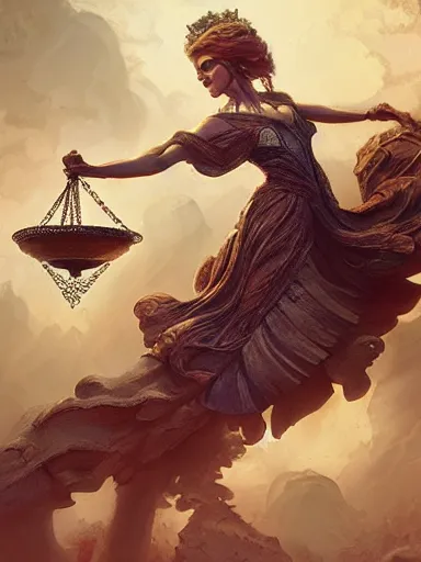 Prompt: a balance being hold by lady justice. intricate, elegant, highly detailed, digital painting, artstation, concept art, sharp focus, illustration, by justin gerard and artgerm, 8 k