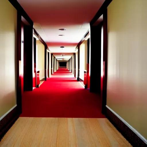 Image similar to an erie hotel corridor with red carpet, at the end of the corridor the light comes from a window, dust particles in the air